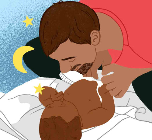 Dibujo de un papá acercándose a su bebé mientras duerme. - solucionesbanohub.compaña - 1