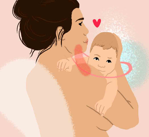 Dibujo de una mamá de espaldas abrazando a su bebé - solucionesbanohub.compaña - 1