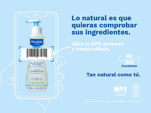 El agua sin aclarado de Mustela tiene una nota de 86/100 en la app Yuka, es decir, excelente, sin ingredientes cuestionables o tóxicos.  - solucionesbanohub.compaña - 6