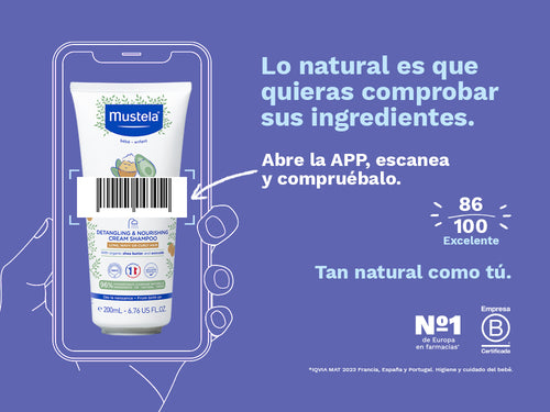 El Champú desenredante y nutritivo en crema de Mustela para bebés y niños tiene una nota de 86/100 en la app Yuka, es decir, excelente. - solucionesbanohub.compaña - 2