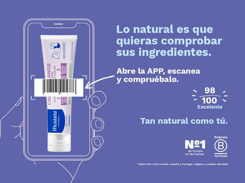 La crema bálsamo para el cambio de pañal 1 2 3 de Mustela para bebé y niños tiene una nota de 100/100 en la app Yuka, es decir, excelente, sin ingredientes cuestionables o tóxicos.  - solucionesbanohub.compaña - 3