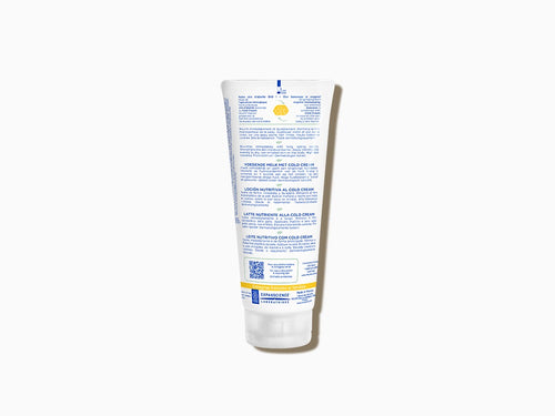 Parte trasera del bote de 200ml de leche corporal hidratante para piel seca de Mustela. - solucionesbanohub.compaña - 6