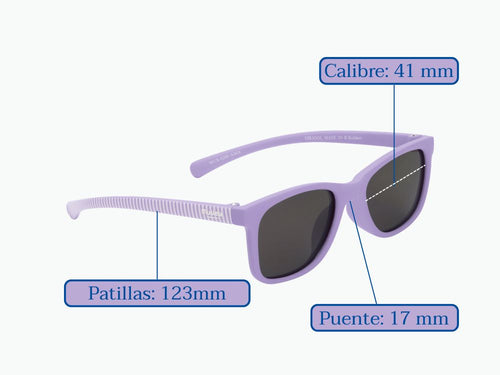 Gafas de sol lila  para niños de 3 a 5 años. Con  as medidas: patillas: 123mm, puente 17mm y calibre 41mm - solucionesbanohub.compaña - 4