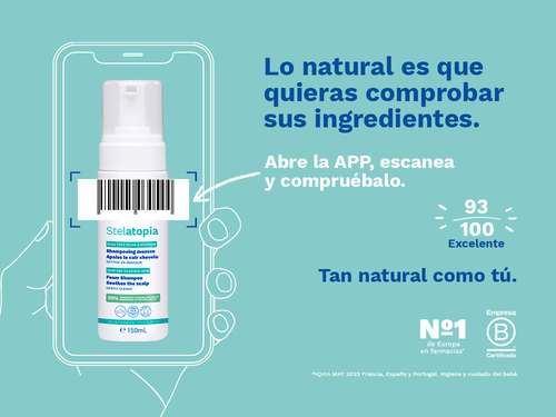 El champú Mousse Stelatopia de Mustela para bebé y niños tiene una nota de 100/100 en la app Yuka, es decir, excelente, sin ingredientes cuestionables o tóxicos.  - solucionesbanohub.compaña - 3