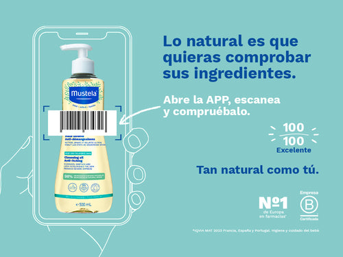 El aceite de baño y ducha de Stelatopia de Mustela para bebé y niños tiene una nota de 100/100 en la app Yuka, es decir, excelente, sin ingredientes cuestionables o tóxicos.  - solucionesbanohub.compaña - 3