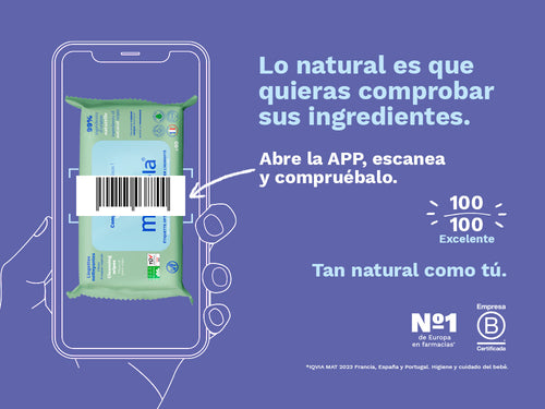 Las toallitas limpiadoras de Mustela con un 99% de ingredientes naturales, ha sido puntuado como excelente 100/100 en la app de Yuka. - solucionesbanohub.compaña - 2