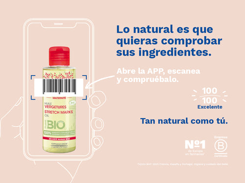 El aceite estrias de Mustela para embarazadas tiene una nota de 100/100 en la app Yuka, es decir, excelente, sin ingredientes cuestionables o tóxicos.  - solucionesbanohub.compaña - 3