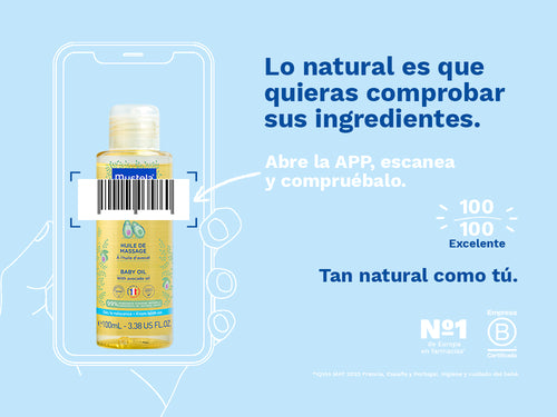 El aceite de masaje de Mustela para bebes y niños tiene una nota de 100/100 en la app Yuka, es decir, excelente, sin ingredientes cuestionables o tóxicos. - solucionesbanohub.compaña - 3