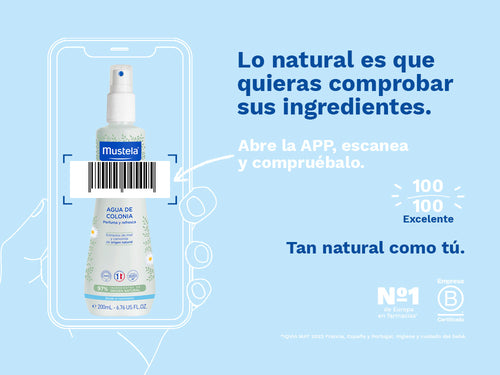 El Agua de colonia de Mustela para bebé y niños tiene una nota de 100/100 en la app Yuka, es decir, excelente, sin ingredientes cuestionables o tóxicos.  - solucionesbanohub.compaña - 2