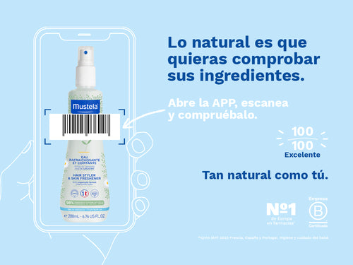 El Agua para peinar de Mustela para bebé y niños tiene una nota de 100/100 en la app Yuka, es decir, excelente, sin ingredientes cuestionables o tóxicos.  - solucionesbanohub.compaña - 3