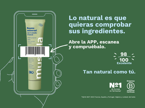 El balsamo universal bio de Mustela para bebé y niños tiene una nota de 98/100 en la app Yuka, es decir, excelente, sin ingredientes cuestionables o tóxicos. Respetuoso de toda tu familia. - solucionesbanohub.compaña - 4