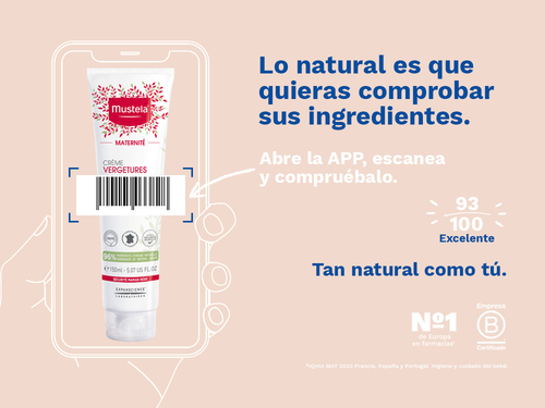 La crema estrias de Mustela embarazadas tiene una nota de 93/100 en la app Yuka, es decir, excelente, sin ingredientes cuestionables o tóxicos.  - solucionesbanohub.compaña - 3