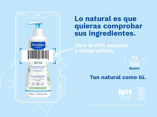 El gel de baño de Mustela para bebé y niños tiene una nota de 72/100 en la app Yuka, es decir, bueno, sin ingredientes cuestionables o tóxicos.  - solucionesbanohub.compaña - 3