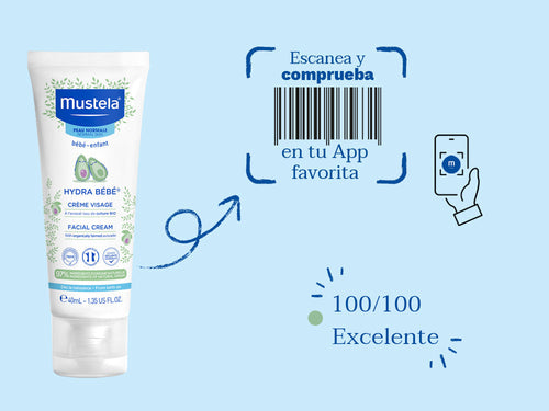 Hydra bebe crema facial de Mustela para bebé y niños tiene una nota de 100/100 en la app Yuka, es decir, excelente, sin ingredientes cuestionables o tóxicos.  - solucionesbanohub.compaña - 2