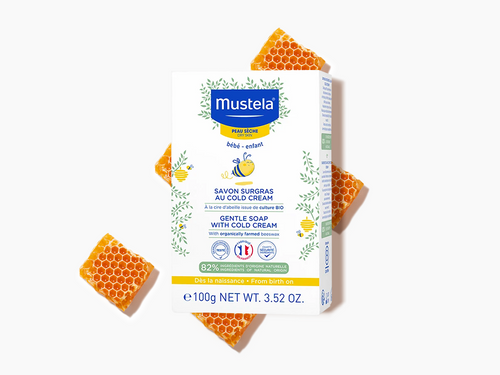 Caja del jabón sobregraso nutritivo e hidratante de Mustela, al cold cream y con cera de abeja bio. - solucionesbanohub.compaña - 5