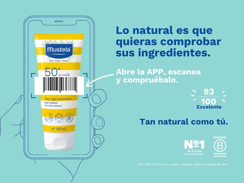 La crema solar SPF50+ de Mustela protege la piel de la familia y tiene una nota de 93/100 en la app Yuka, es decir, excelente, sin ingredientes cuestionables o tóxicos.  - solucionesbanohub.compaña - 2