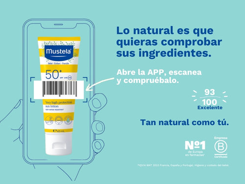 La crema solar facial SPF50+ de Mustela protege la piel de bebé y niños y tiene una nota de 93/100 en la app Yuka, es decir, excelente, sin ingredientes cuestionables o tóxicos.  - solucionesbanohub.compaña - 2