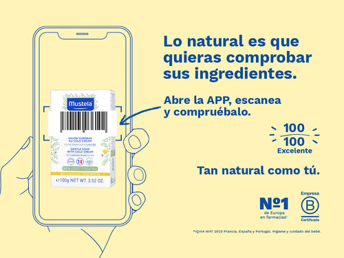 Valoración en Yuka de 100/100, excelente, de la jabón sobregraso al Cold Cream de Mustela. - solucionesbanohub.compaña - 3
