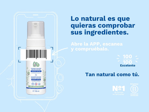 El champú mousse recién nacido con 99% de ingredientes naturales  de Mustela cuenta con una puntuación 100/100 excelente en apps como Yuka gracias a sus ingredientes de origen natural. - solucionesbanohub.compaña - 3