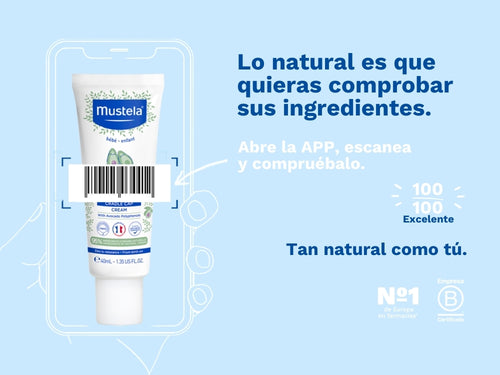 La crema Cuidado Costra Láctea de Mustela cuenta con una puntuación 100/100 excelente en apps como Yuka debido a sus ingredientes naturales. - solucionesbanohub.compaña - 2