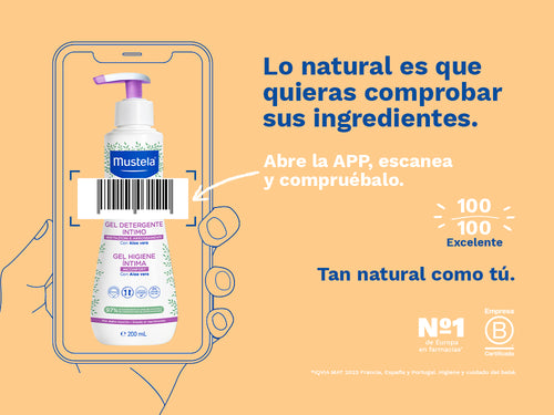 Valoración en Yuka de 100/100, excelente del gel de higiene íntima de Mustela.  - solucionesbanohub.compaña - 2