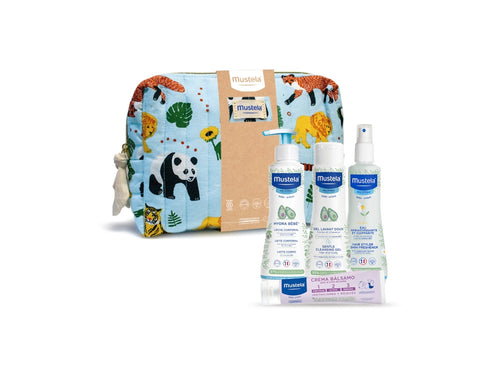 Neceser para bebé con estampado de jungla y animales con cuatro productos de Mustela para cuidar la piel de los bebés. - solucionesbanohub.compaña - 2