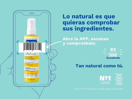 El spray solar de Mustela para proteger la piel de  bebé y niños tiene una nota de 93/100 en la app Yuka, es decir, excelente, sin ingredientes cuestionables o tóxicos.  - solucionesbanohub.compaña - 2