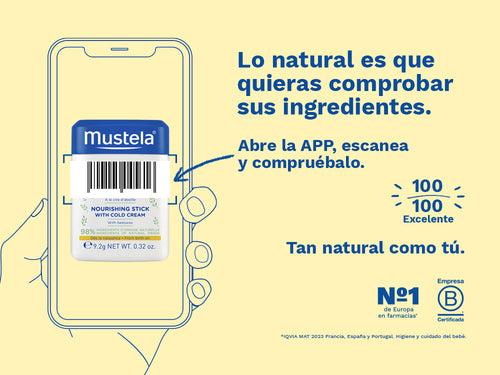 El stick cold cream de Mustela para bebé y niños tiene una nota de 100/100 en la app Yuka, es decir, excelente, sin ingredientes cuestionables o tóxicos.  - solucionesbanohub.compaña - 3