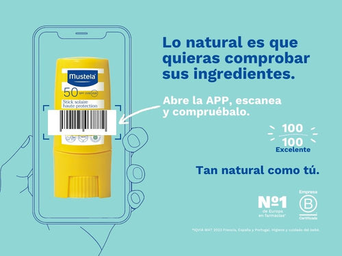 Imagen con la puntuación del stick solar de Mustela con un 100/1000 Escanea los productos y ve su valoración online. - solucionesbanohub.compaña - 2
