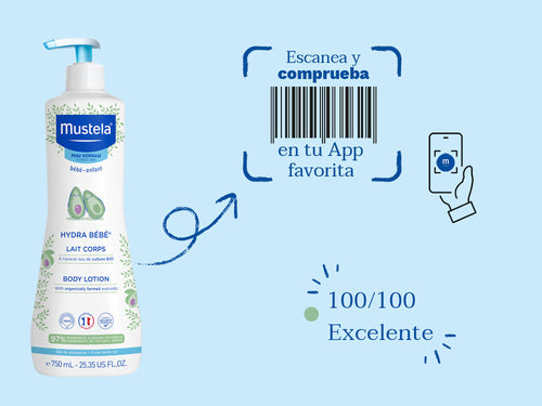 Hydra bebe de Mustela para bebé y niños tiene una nota de 100/100 en la app Yuka, es decir, excelente, sin ingredientes cuestionables o tóxicos.  - solucionesbanohub.compaña - 3