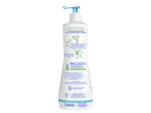 Reverso del bote de 750ml de Babygel de baño de espuma de Mustela con su lista de ingredientes naturales como el aguacate bio. - solucionesbanohub.compaña - 3